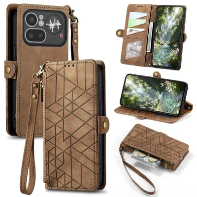 Image de Étui portefeuille à rabat pour Nothing Phone 4a Pro, en similicuir, avec fermeture à glissière, marron