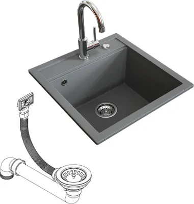 A gray kitchen sink with a chrome faucet and a separate illustration of a drain assembly.