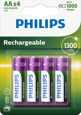 Produktbild von Philips Wiederaufladbare Batterien AA - 4 Stück - NiMH - 1300 mAh - bis zu 1000 Aufladungen