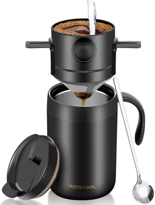 Obrázek produktu pro Sada termohrnků, nepropustný hrnek na kávu s víčkem, cestovní hrnek z nerezové oceli, termohrnek, s lžičkou a kávovým filtrem z nerezové oceli