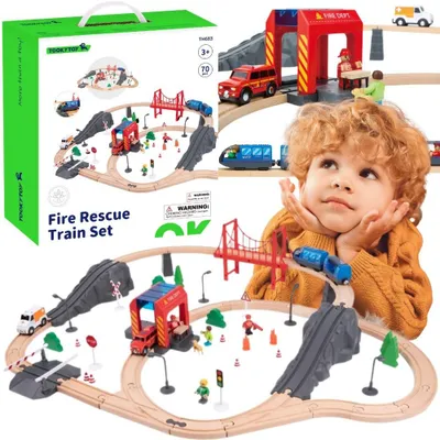 Image de Tooky Toy Train électrique en bois pompiers effets sonores 70 pièces