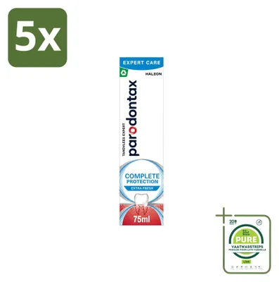 Immagine prodotto di 5 tubetti di dentifricio Parodontax Complete Protection, gusto extra fresco, da 75 ml ciascuno. Confezione grande, contenente 5 tubetti
