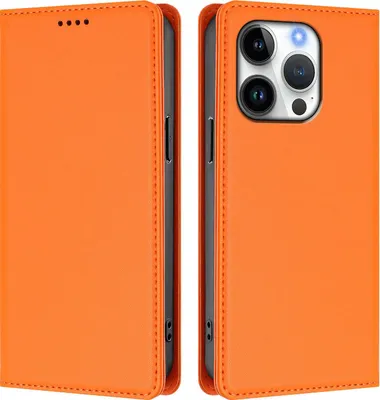 Image de Etui en cuir pour iPhone 16 Pro, étui magnétique en cuirPolyuréthaneavec support Orange