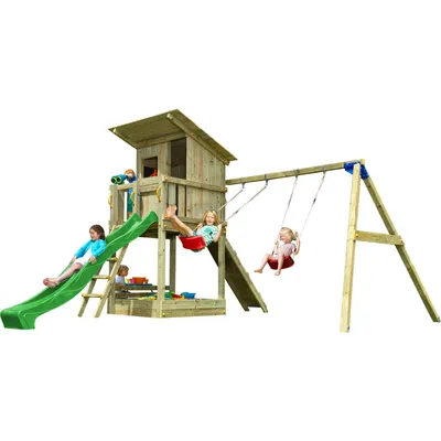 Produktbild von Spielturmking Spielturm BEACH HUT mit Rutsche 2,90 m + Kletterrampe + Doppelschaukel - Grün DH473