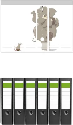 Produktbild von Wallario 6 Stück breite Ordner inkl. Klebeetiketten mit Motive Elefant erschrickt vor Maus -  Set mit Rückenschildern / Ordnerrücken Stickern