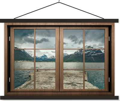 Produktbild von MuchoWow® Textilposter Aussicht - Wasser - Berge 120x80 cm mit schwarzem Rahmen - Wanddeko