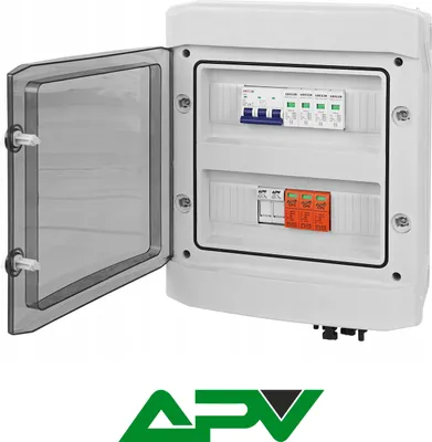 A white electrical enclosure with a transparent door open, revealing circuit breakers and surge protectors inside. A logo is visible at the bottom.