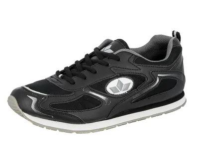 A single black athletic shoe is shown against a white background.
