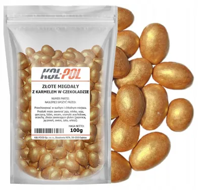 Zdjęcie produktu dla MIGDAŁY W CZEKOLADZIE MLECZNEJ 100g Prażone orzechy złota posypka Kol-Pol