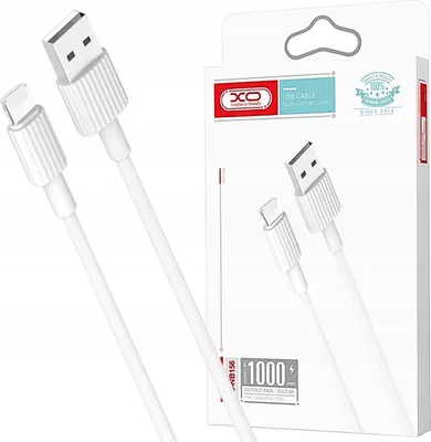 The image shows the retail packaging of a white USB-A to Lightning cable. The packaging is partially open, revealing the cable inside. The packaging displays branding, product information, and specifications.