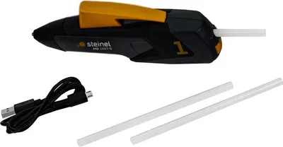 A hot glue gun with accessories on a white background.