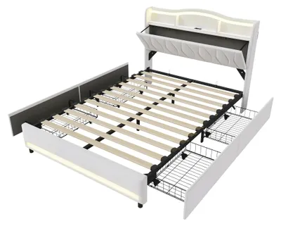 Image de Lit matelassé - Lit double - 140 x 200 cm - 4 tiroirs - Éclairage LED - Tête de lit avec espace de rangement - Sommier à lattes - Beige
