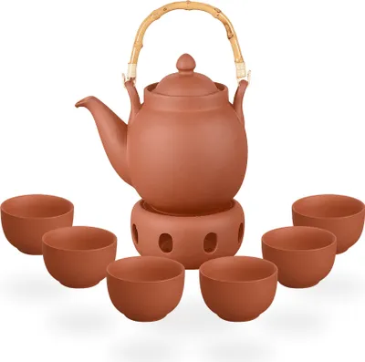 Produktbild von Tenno Teeservice / Teeset / Ton Teekanne mit Sieb 1,6 liter, Stövchen und 6 Tassen je 130ml, handgefertigt