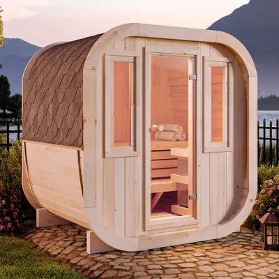 Produktbild von FinnTherm Fasssauna ScandiCube Mini XS Fasssauna 2 Sitzbänke aus Holz, Sauna mit 42 mm Wandstärke, Außensauna mit Montagematerial