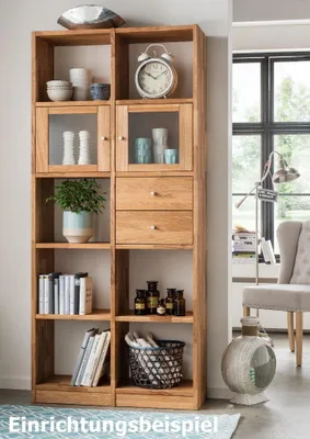 A wooden bookshelf filled with decorative items and books, placed in a room with a window and a chair visible in the background.