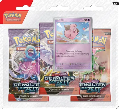 A retail package containing Pokemon trading card booster packs and a single Pokemon card.