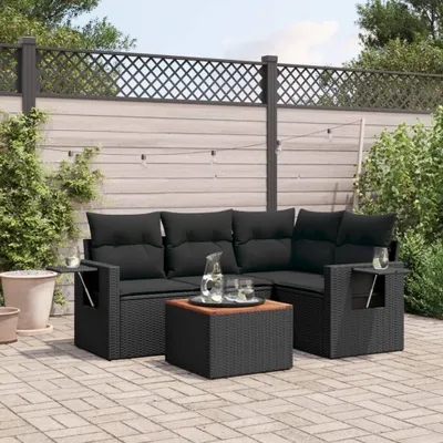 Produktbild von Design 5-tlg. Garten-Sofagarnitur mit Kissen Schwarz Poly Rattan, Gartensofas 2024 Neu