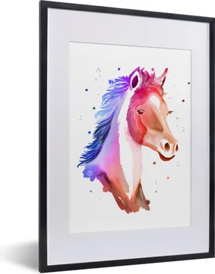 Produktbild von MuchoWow® MuchoWow® Gerahmtes Poster Pferd - Rosa - Blau - Mädchen - Kinder - Mädchen 30x40 cm - Poster mit zchwarzem Bilderrahmen - Wandposter Schlafzimmer