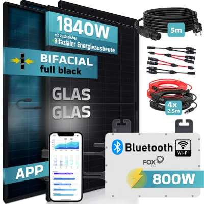 Produktbild von SUNNIVA® 1840W Balkonkraftwerk BIFAZIAL FULLBLACK komplett Steckdose Fox ESS 800W Wechselrichter, PV Solaranlage, 5m Kabel, Bluetooth WIFI