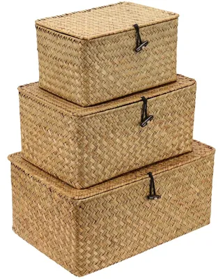 Produktbild von Omgoods – Set aus 3 handgewebten Aufbewahrungs Körben aus Seegras mit Deckel