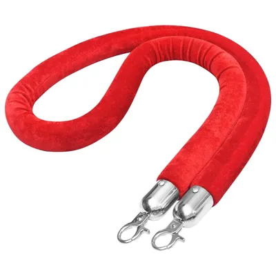 A red velvet rope with silver metal clasps on a white background.