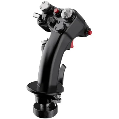 A black flight stick with silver and red accents, shown from a slightly elevated side angle against a white background.