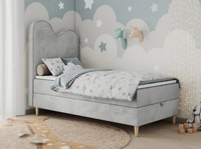 Produktbild von Boxspringbett, Einzelbett für Kinder, Jugendbett mit Matratze - FLOW - 90x180cm - Hellgrau - H3