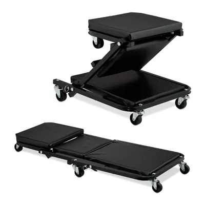 Image de Tablette roulante Relaxdays pour atelier, jusqu'à 150 kg, siège roulant et table d'atelier pliable 2 en 1, pivotante à 360°, pour voiture, en acier, noir