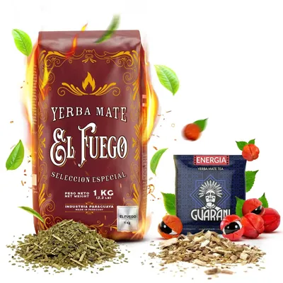 Produktbild von El Fuego - Mate Tee Set Elaborada 1kg - Mit Yerba Mate Guarani Energia 50g Probe - Starker Wachmacher - Rauchgetrocknet Viel Staub - Paraguay