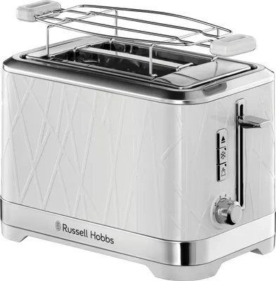 A white Russell Hobbs toaster with a chrome accent and a chrome warming rack on top.