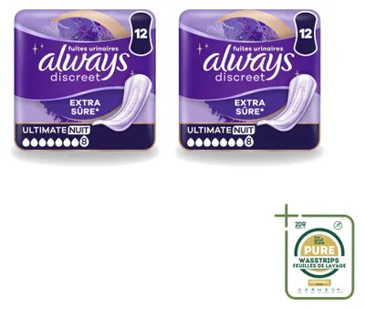 Immagine prodotto di 2 confezioni di assorbenti per incontinenza notturna Always Discreet Ultimate, confezione risparmio - 2 pezzi