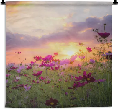 Produktbild von MuchoWow® Wandteppich Wandbehang Blumen - Rosa - Sonnenuntergang - Natur - Wiese - Horizont 90x90 cm Tapisserie Dekoration Wandtuch - Wandaufhänger