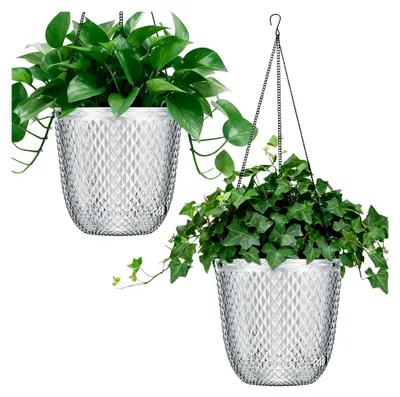 Produktbild von Selbstbewässernde Hängetöpfe, 2 Stück, 14 cm, hängende Pflanzgefäße für Pflanzen im Innen- und Außenbereich, Blumentöpfe mit Drainagelöchern und 3 Hakenketten für Garten und Zuhause