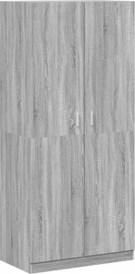 A full-shot of a gray wooden wardrobe with two doors.