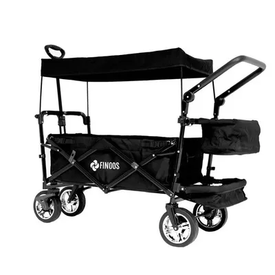 Produktbild von FINOOS Bollerwagen faltbar mit Dach Handwagen Transportwagen | inkl. 2X 3-Punkt Gurtsystem | Vollgummi-Reifen | klappbar | bis 100 kg | Vorder- und Hinter-Bremse + Tragetasche (Schwarz)