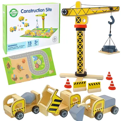 Produktbild von Woopie Green Holzbaustelle 5-in-1 Mobilkran XXL Baufahrzeuge 13 Stück