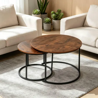 Produktbild von 2er Set Couchtisch Runder Satztisch Metallgestell,Stapelbar Beistelltisch Set,Kaffeetisch Industriestil Design Sofatisch Kleiner Tisch 70x45+50x38cm