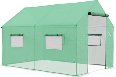 Image de Outsunny Serre de jardin tunnel 2 x 3m, 6m² avec porte enroulable, 4 fenêtres, - Acier galvanisé PE Haute densité Vert