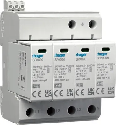 A white electrical surge protector device with multiple modules.