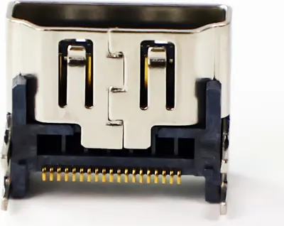 A close-up, professional studio shot of a Playstation 5 PS5 Original Ersatz HDMI Port Buchse Socket Connector against a white background.