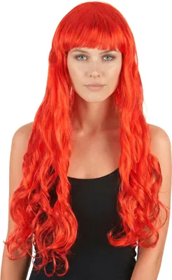 Produktbild von Langhaar Locken Pony Teufelin Perücke rot - Einheitsgröße