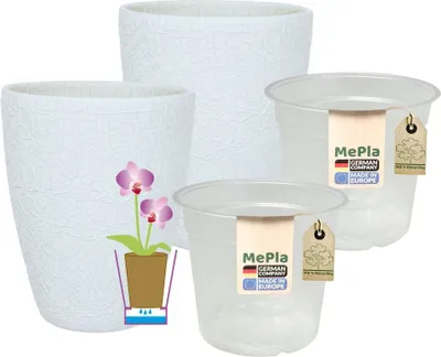 Produktbild von MePla - 2 Stück - Orchideenübertopf 500 lizzard ø 14 Weiss + Pflanztopf Orchidee ø 12