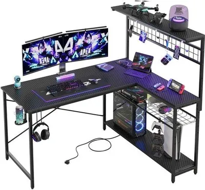 Image de Bureau d'angle Benzoa® en forme de L – espace de travail et de jeu spacieux et gain de place, équipé de LED RGB (7 couleurs, 22 modes), 3 prises de courant, 2 ports USB, 4 étagères et des crochets