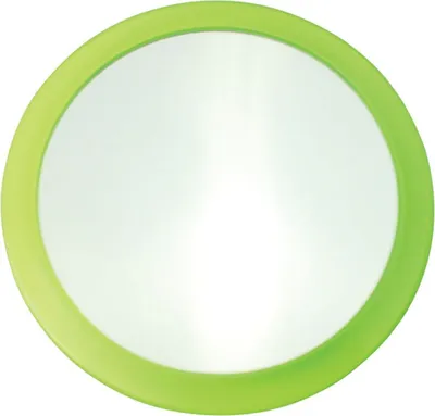 A round magnifying mirror with a green rim on a white background.