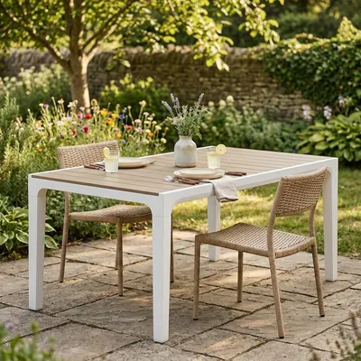 Immagine prodotto di Dmora Tavolo da Esterno Innisfail 90x160x74h cm Bianco, 6 Posti Resistente ai Raggi uv, Versatile, Salvaspazio