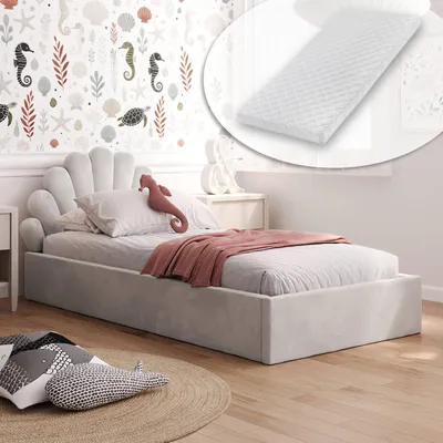 Produktbild von Kids Collective Kinderbett Polsterbett 90x200 cm Stauraumbett Kinder Bett Jugendbett mit Matratze Lattenrost & Metallrahmen | mit Gasdruckfedern, Kopfteil in Muschelform | von 4 bis 18 J | Grau