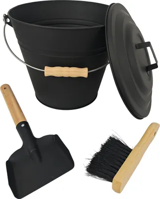 Immagine prodotto di Relaxdays Contenitore per la cenere con coperchio, 10 litri, con scovolino e paletta per camino inclusi, contenitore per la cenere con manico, nero/naturale