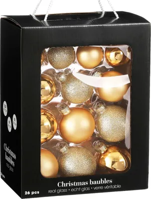 Zdjęcie produktu dla Zestaw 26 sztuk ozdób: okrągłe złote szklane ozdoby mix 5-7 cm