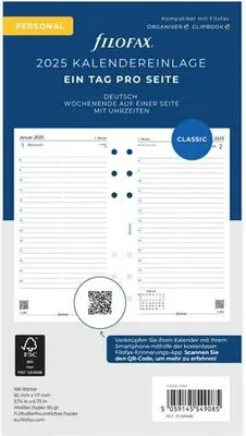 Produktbild von FILOFAX Kalendereinlage 2025 - Personal - 1 Tag = 1 Seite - weiss deutsch - 25-68446