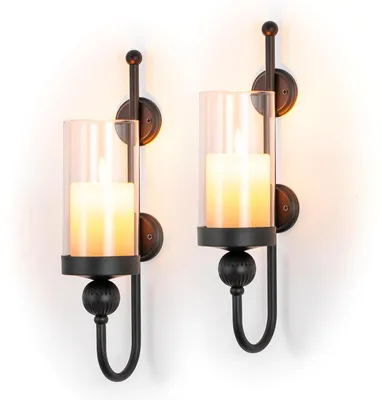 Wandkaarshouders, 2er-Set, Metall, Schwarz, mit Orkanglas, 8,5 cm Ø